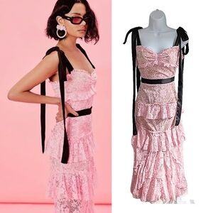 NWT For Love And Lemons Pink and Black Lace Midi Dress